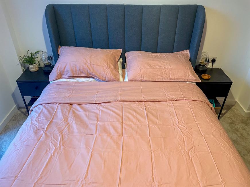 panda bamboo and french linen bedding on bed